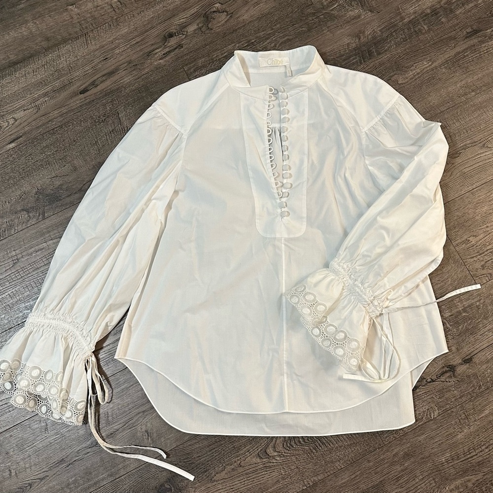 Chloe White Eyelet Cuff Cotton Blouse